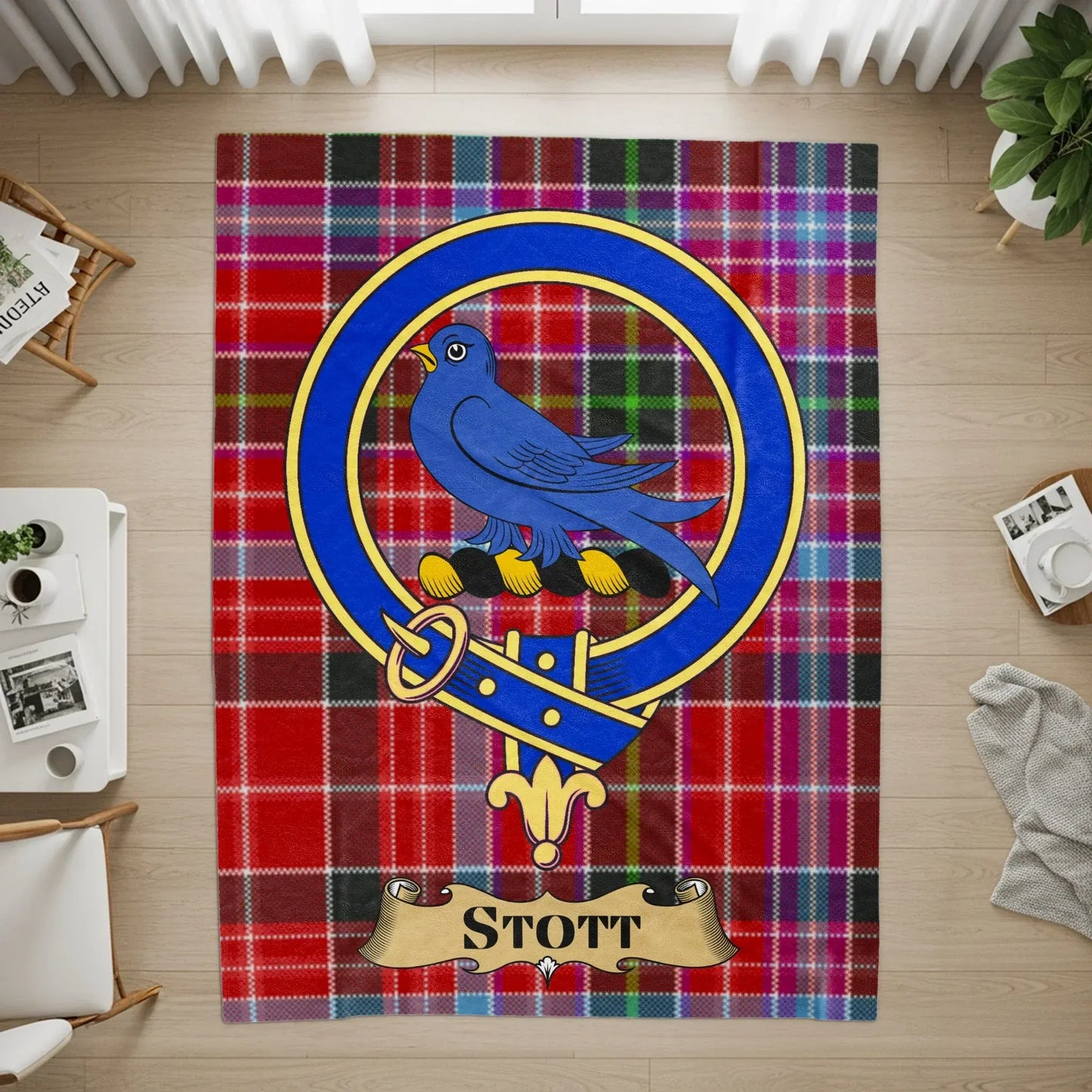 Stott Clan Tartan Plaid Blue Bird Crest Rug product