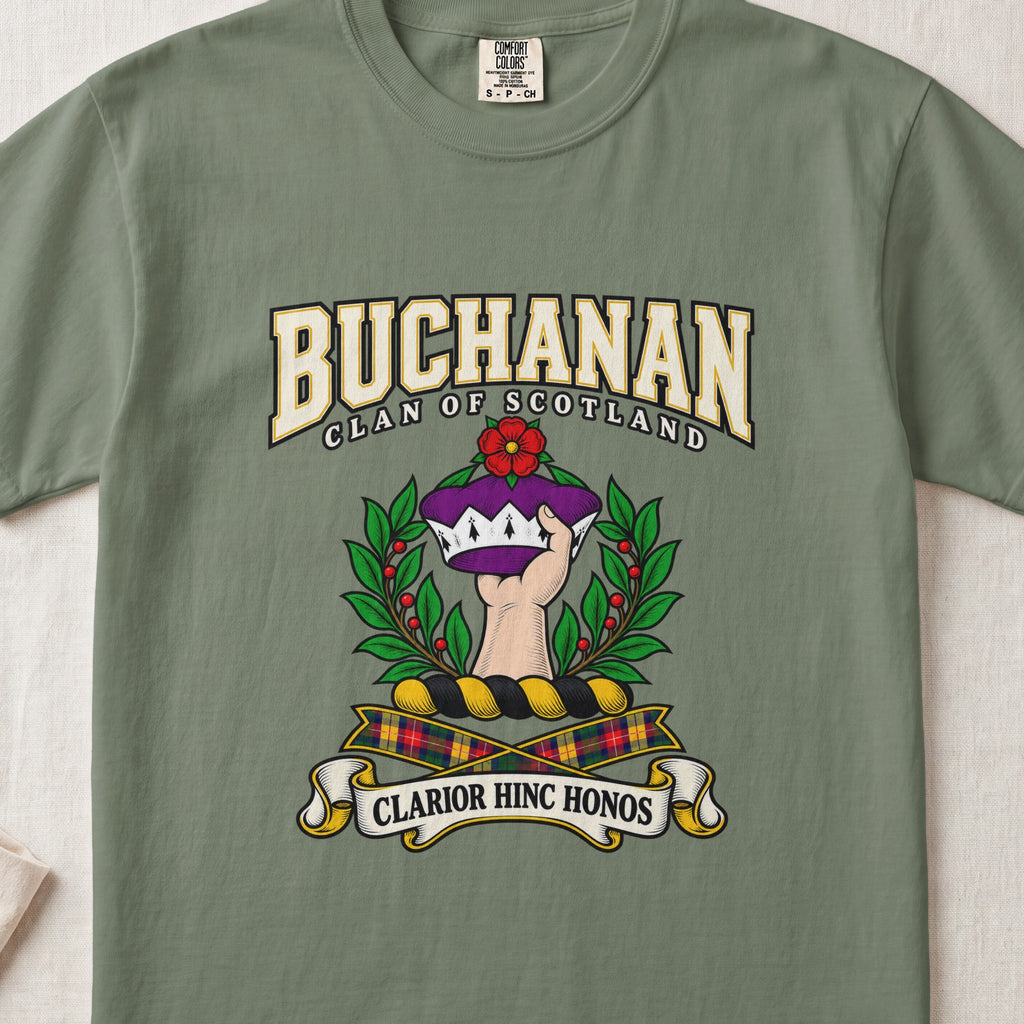 Buchanan Scottish clan graphic T-shirt in Moss, front view