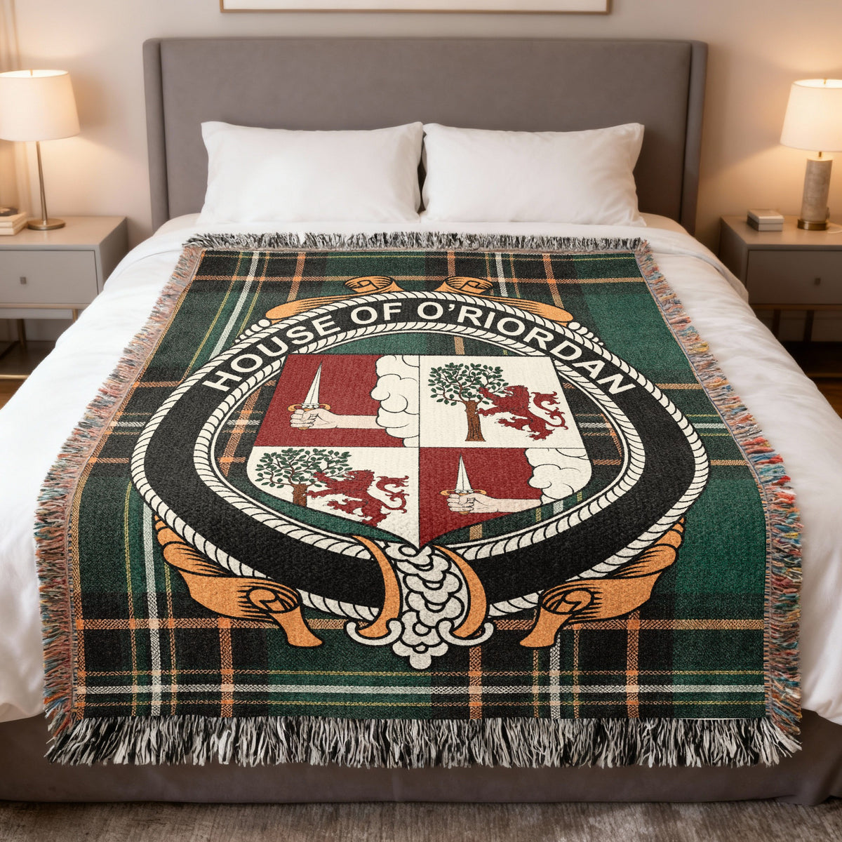O'Riordan Irish National Tartan woven blanket with family crest emblem
