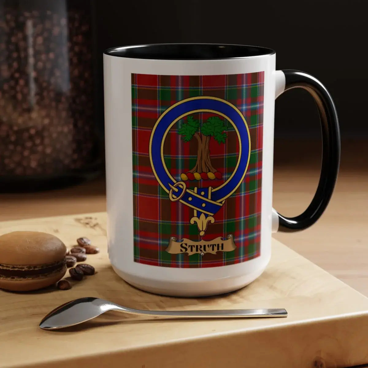 Close-up of the Struth clan crest printed on a ceramic mug