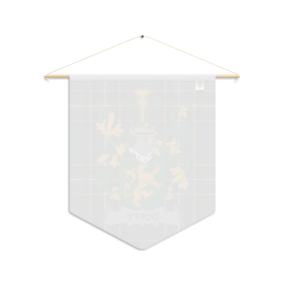 Pennant with a tartan background and a lion crest, text reads DUFFY.