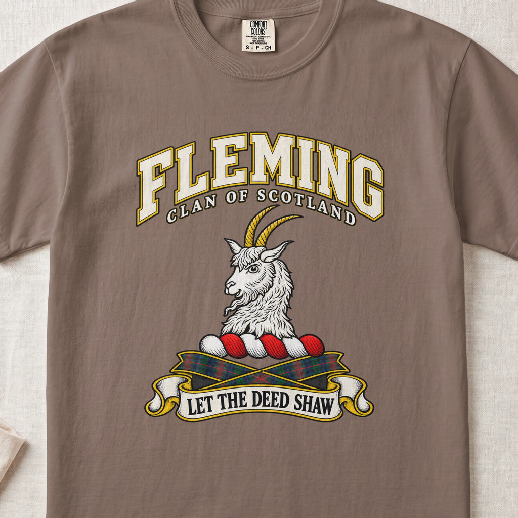 Fleming Scottish clan T-shirt in Espresso, front view with a silver goat head with golden horns and motto banner.