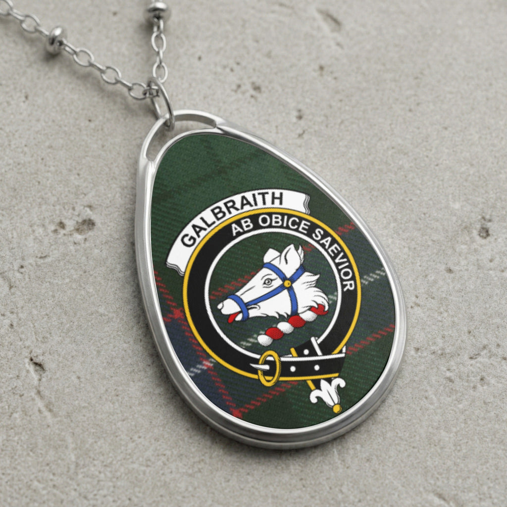 Galbraith clan Scottish tartan necklace with clan crest on tartan background