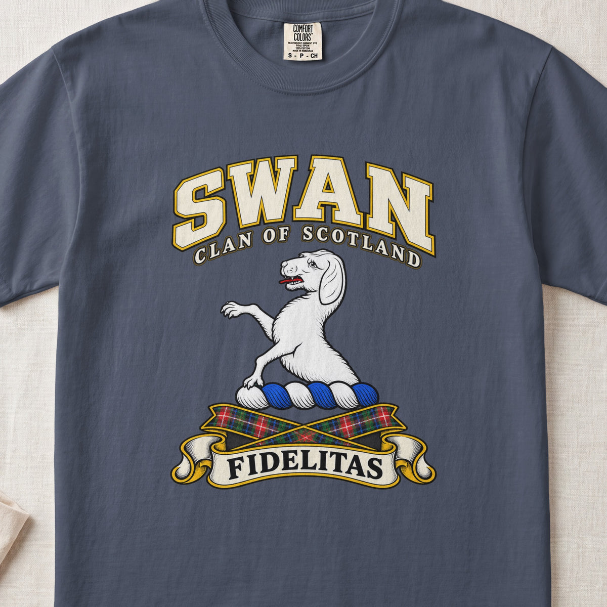 Swan Scottish clan T-shirt in Midnight, front view with a white hound with raised forelegs and motto banner.