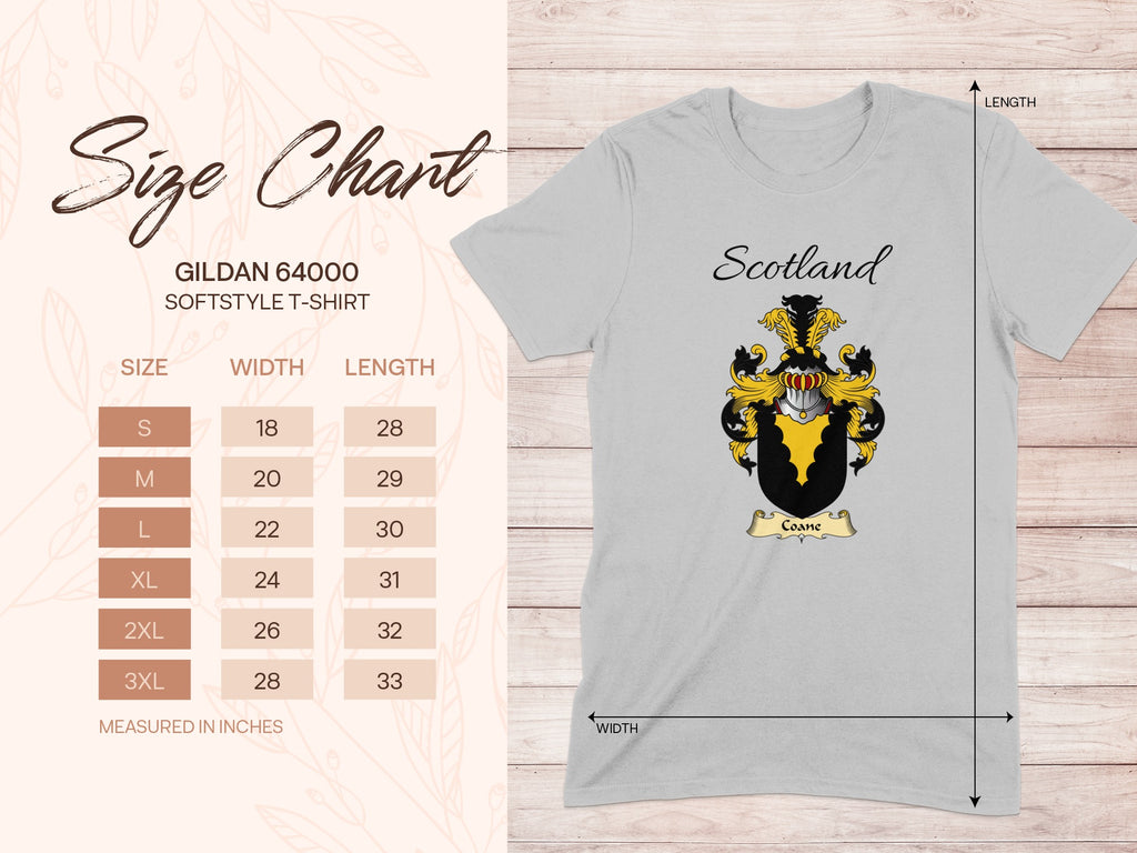 Gildan 64000 size chart for the Coane unisex T-shirt, sizes S to 3XL