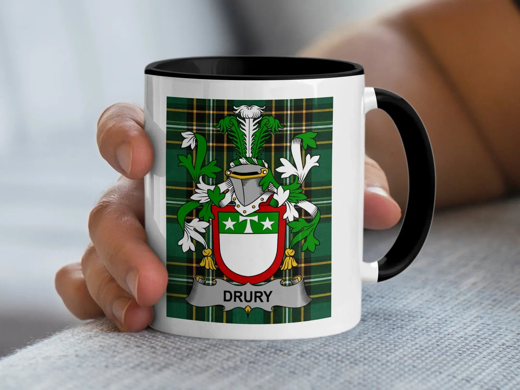 Drury Irish family crest black accent mug
