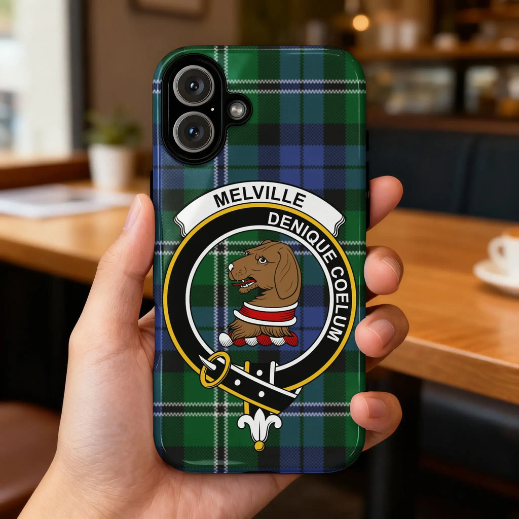 Clan Melville tartan phone case — full 3D wrap print with Denique Coelum crest, glossy finish