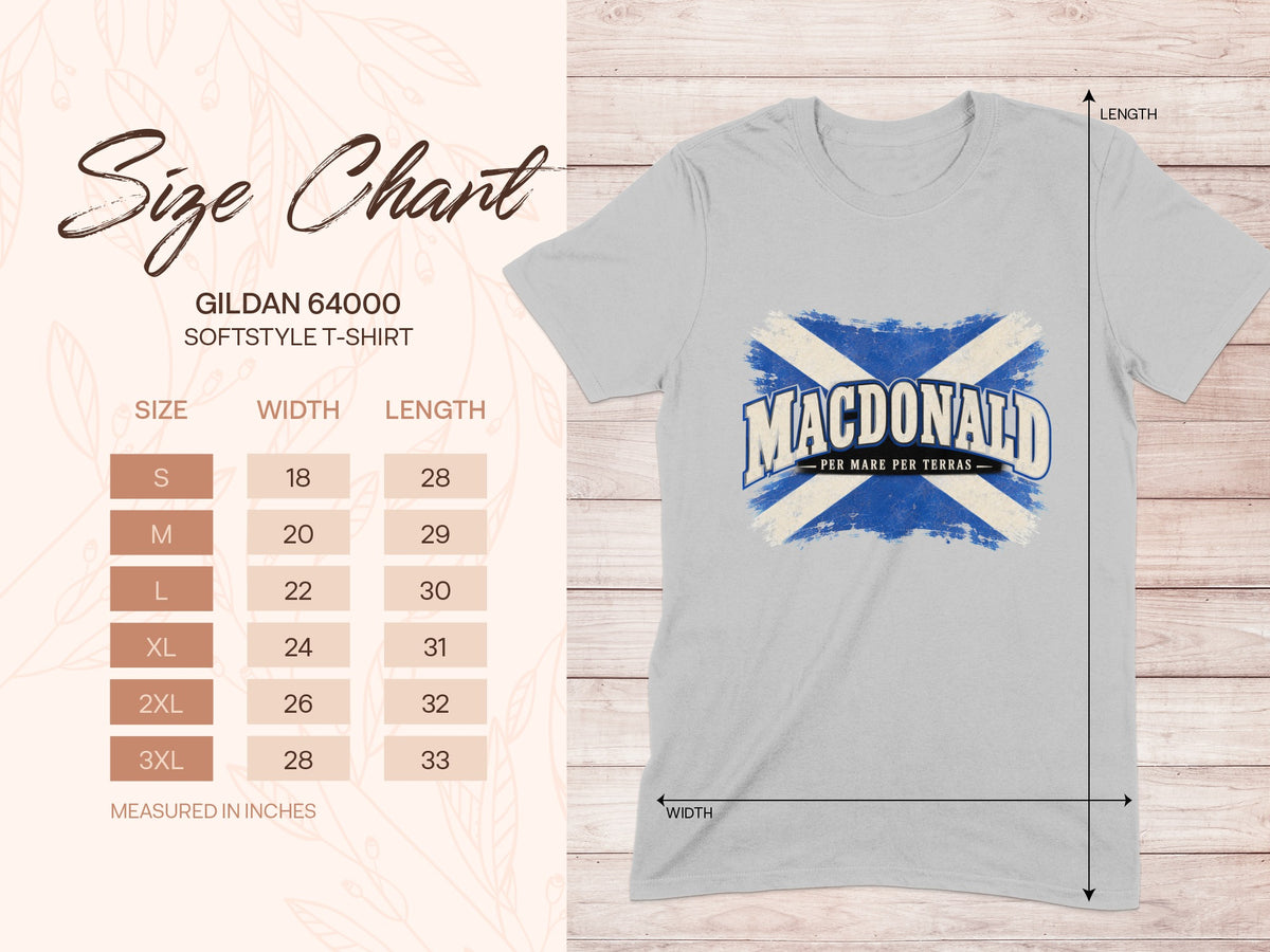 Gildan Softstyle 64000 size chart for the MacDonald Saltire T-shirt, showing shirt width and length in inches.