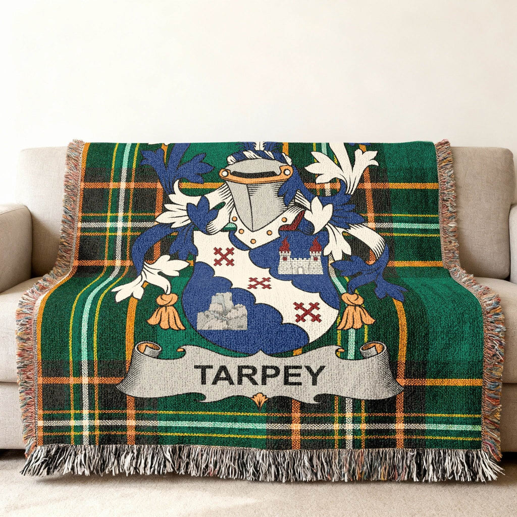 Tartan throw blanket featuring the TARPEY coat of arms in the center.