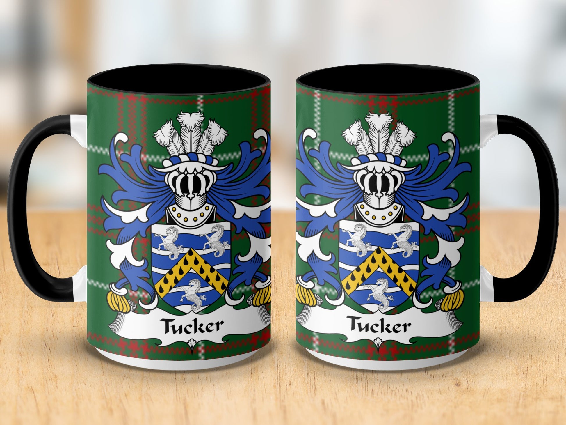 Tucker Surname Coat of Arms on Welsh Tartan Background Mug - Living Stone Gifts