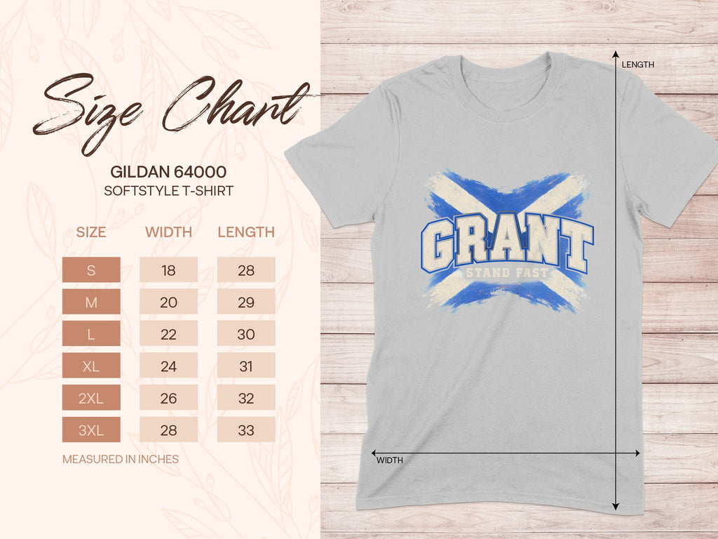 Gildan Softstyle 64000 size chart for the Grant Saltire T-shirt, showing shirt width and length in inches.