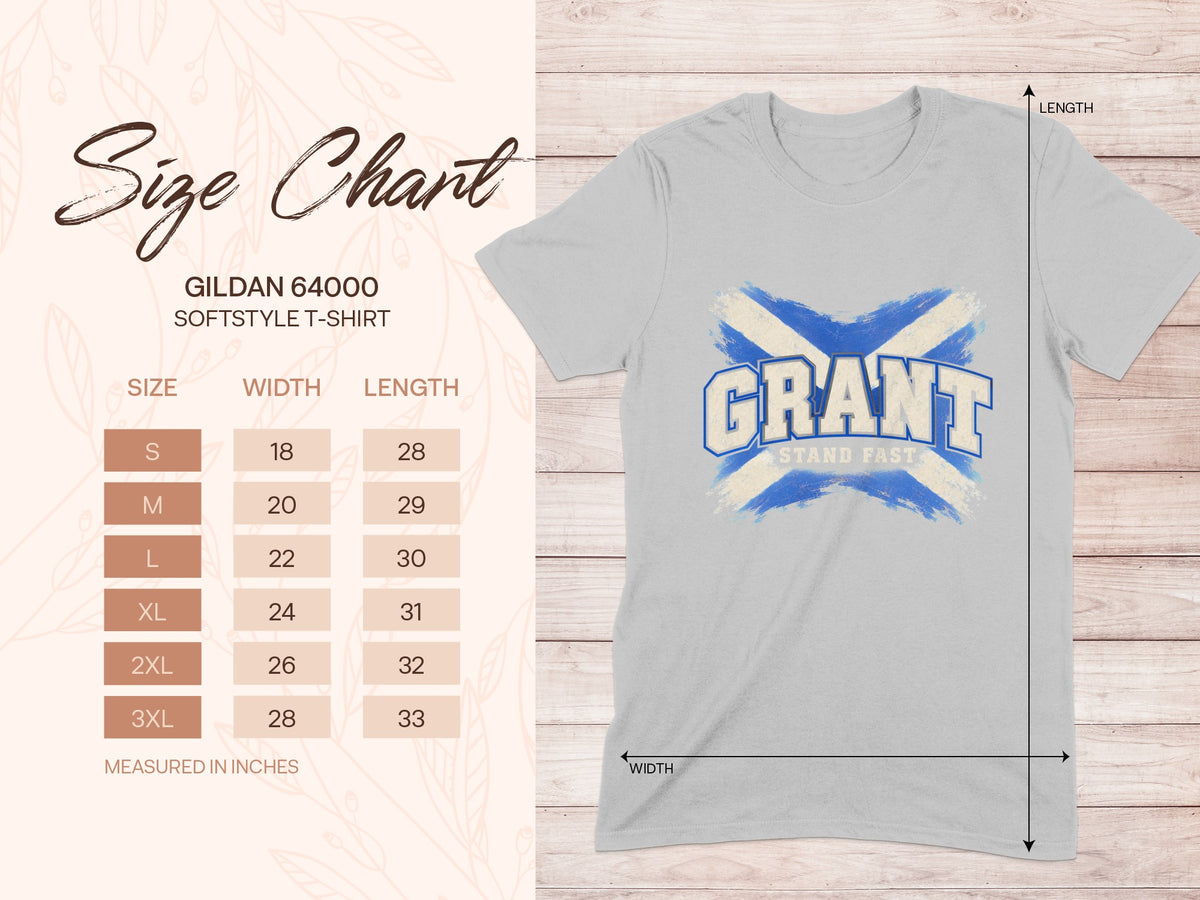 Gildan Softstyle 64000 size chart for the Grant Saltire T-shirt, showing shirt width and length in inches.