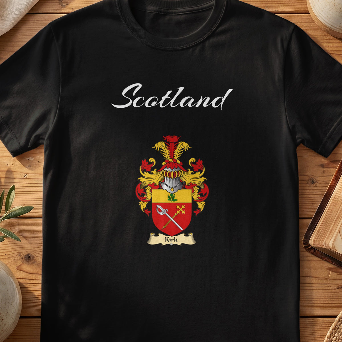 Black Kirk Scottish T-shirt featuring a red-and-gold shield with crossed keys