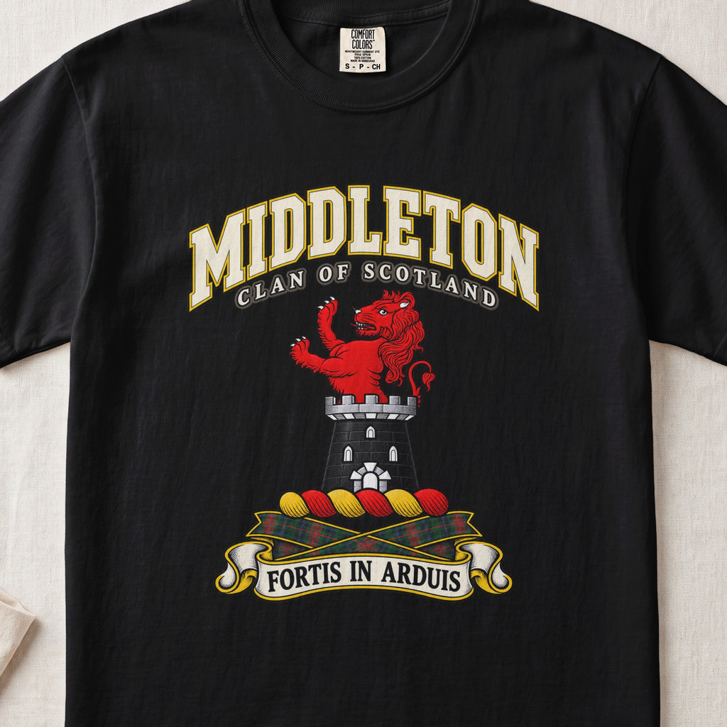 Middleton Scottish clan T-shirt in Black, front view with a red lion rising above a gray tower and motto banner.
