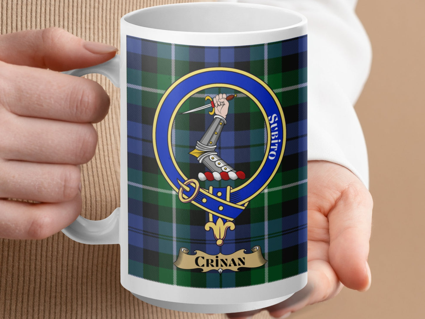 Clan Crinan Scottish Tartan Crest Pattern Coffee Mug - Living Stone Gifts