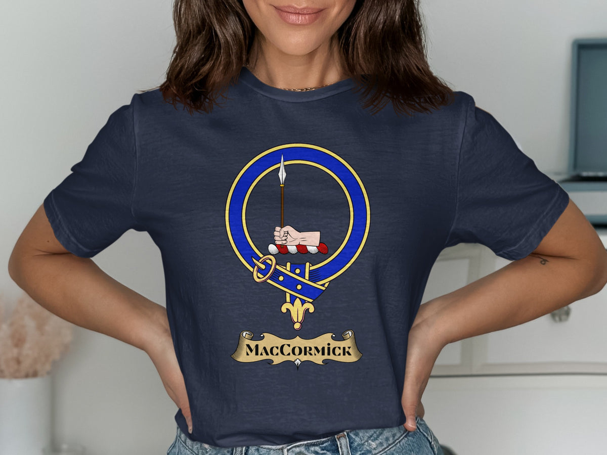 MacCormick Scottish clan crest design on navy T-shirt