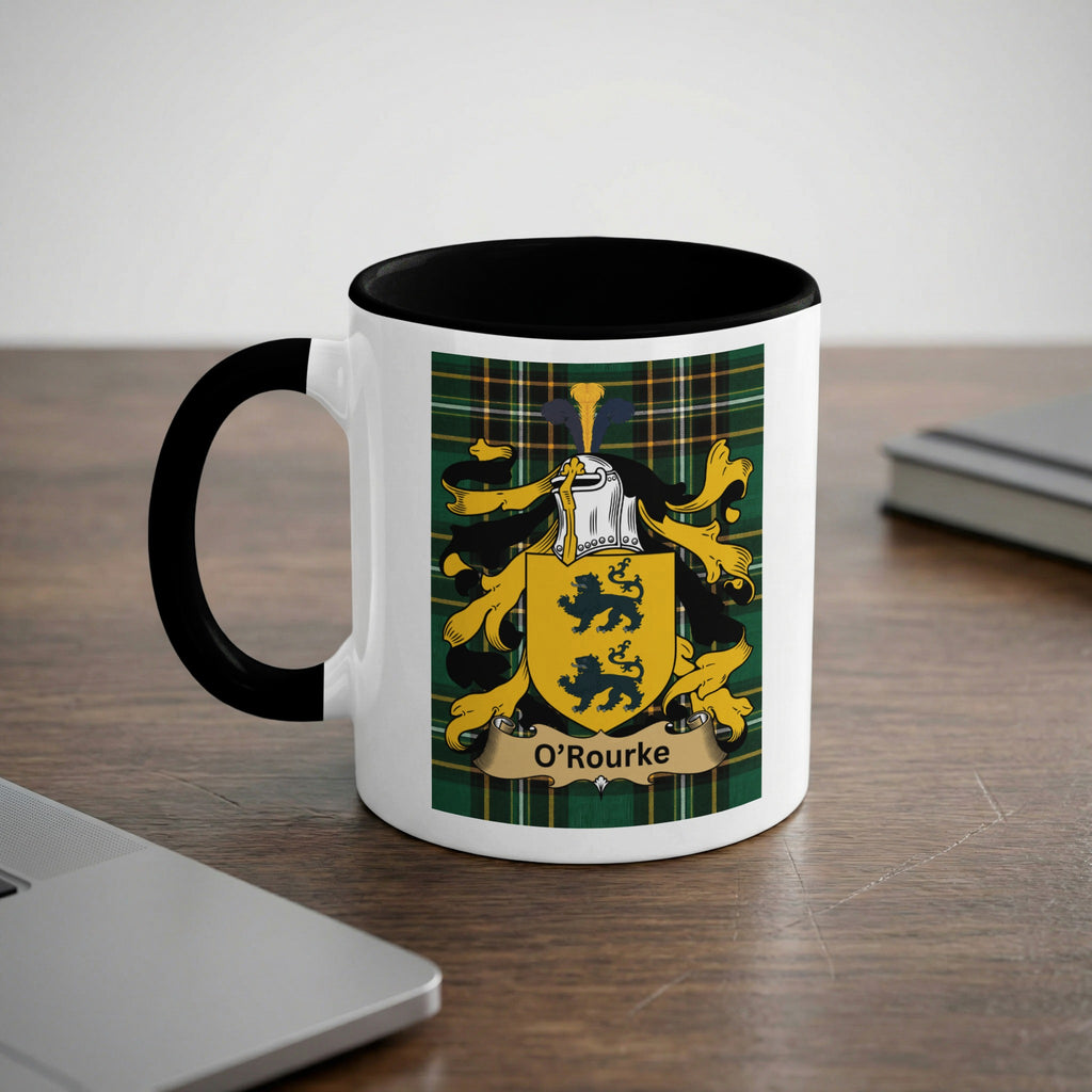 O'Rourke 11 oz black accent mug featuring Irish family crest and tartan