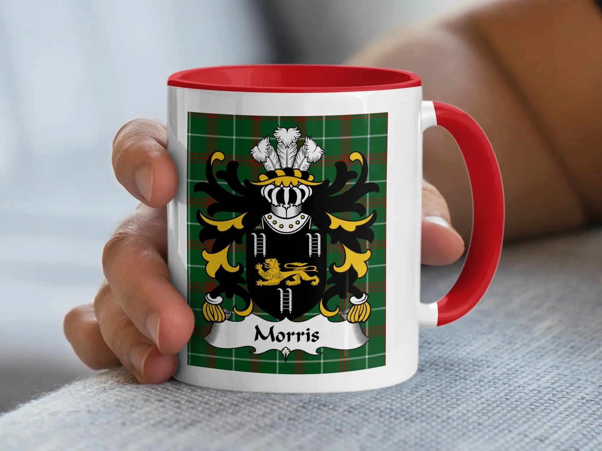 Morris Welsh tartan accent mug with red handle and coat of arms on plaid