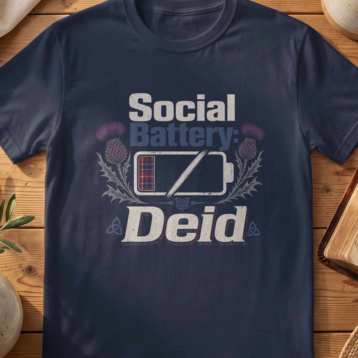 Navy Gildan 64000 unisex T-shirt flatlay with Social Battery Deid Scottish graphic design