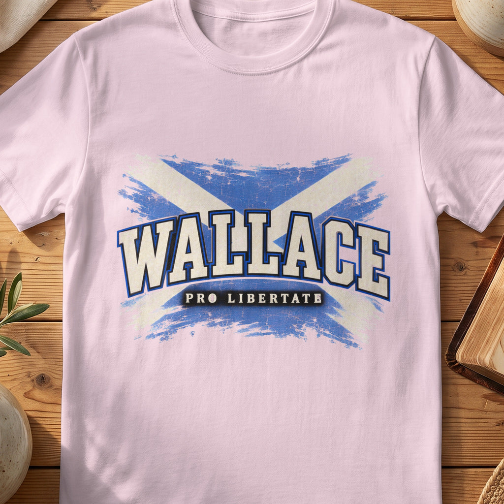 Wallace Scottish Saltire T-shirt in Light Pink, with distressed blue and cream flag and “Pro Libertate” lettering.
