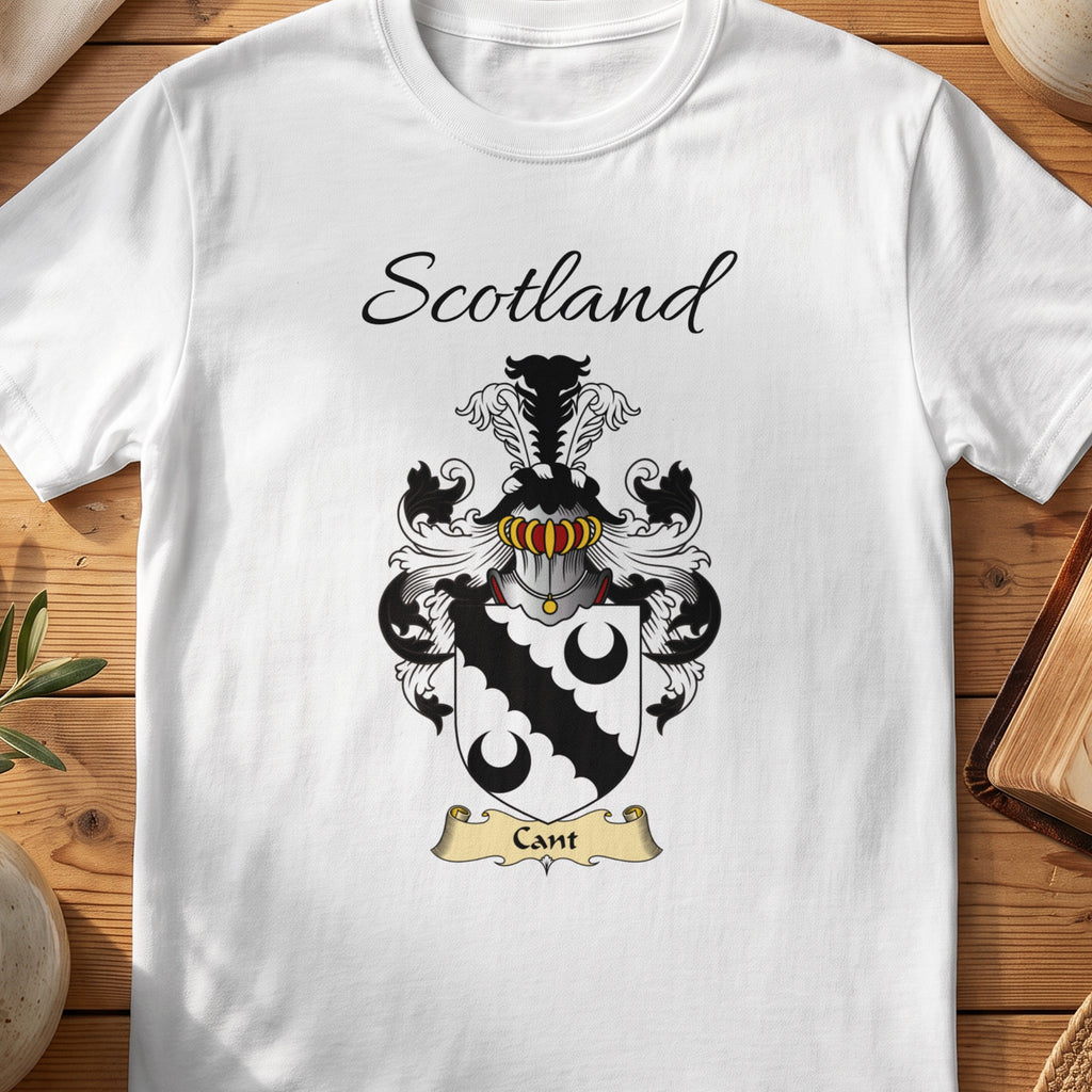 White Cant Scottish family shield T-shirt featuring a black scalloped diagonal band between black crescents