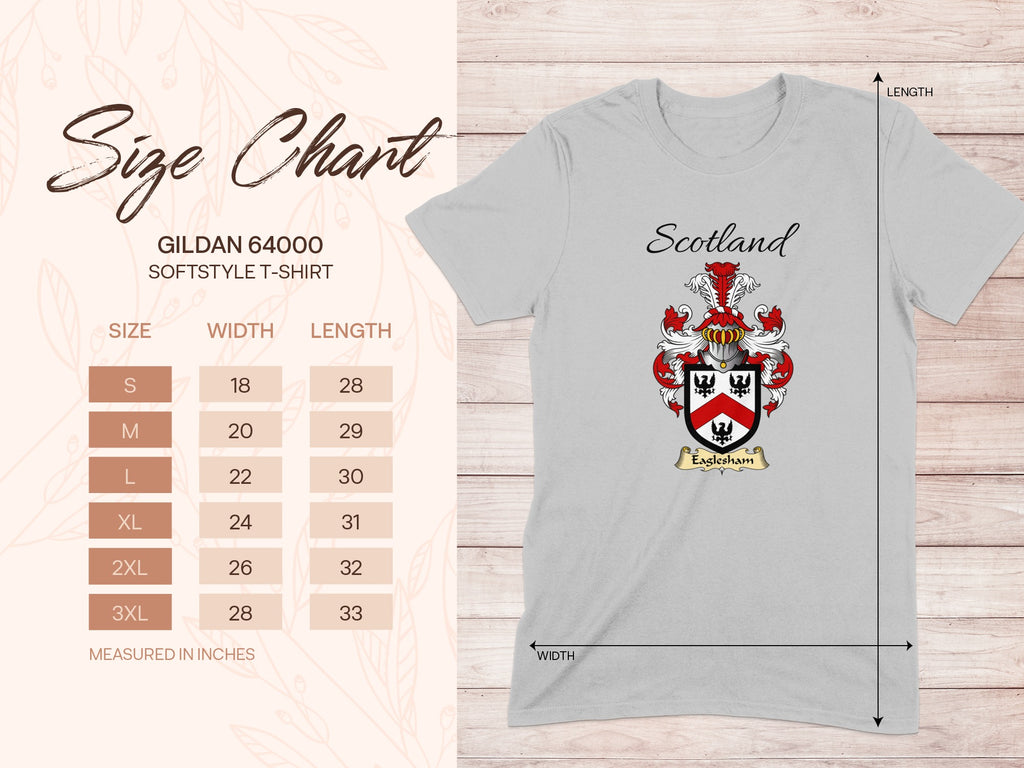 Gildan 64000 size chart for the Eaglesham unisex T-shirt, sizes S to 3XL