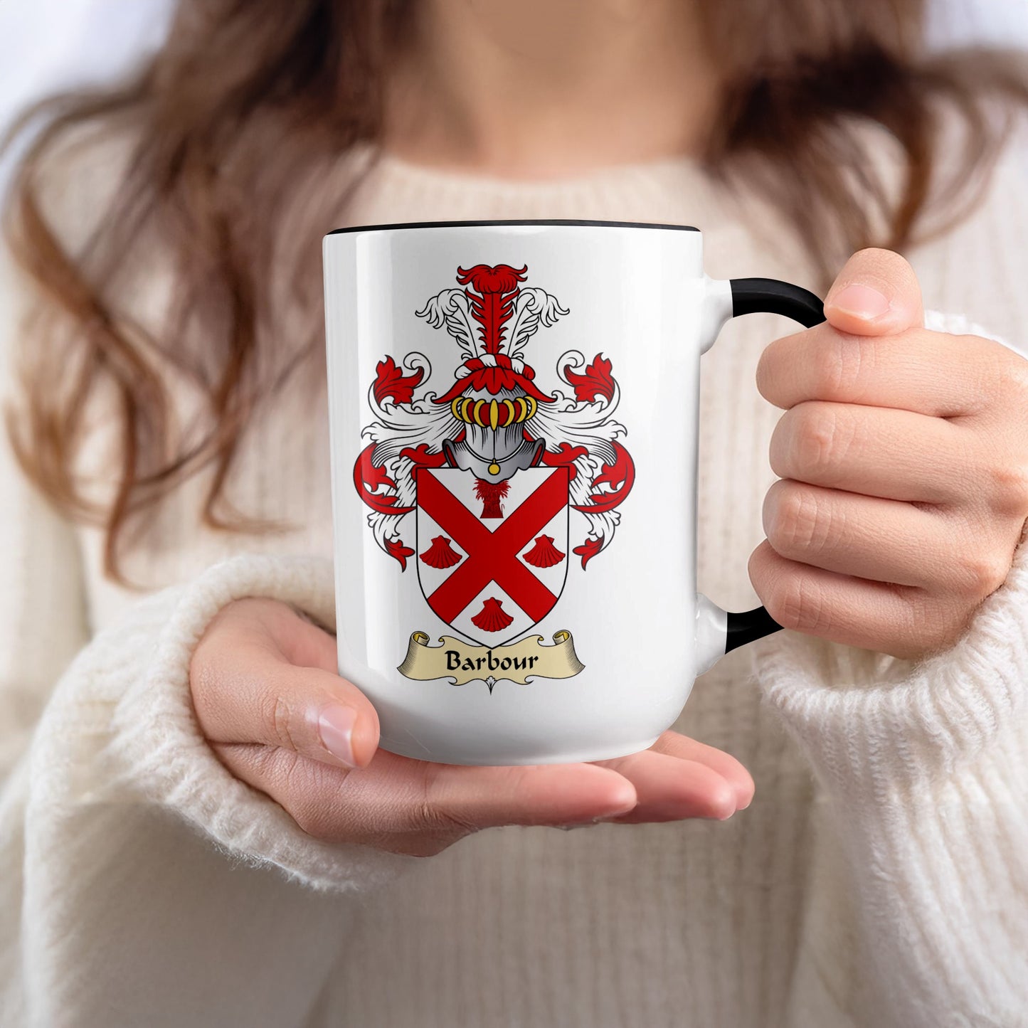 White ceramic mug with black rim, displaying a coat of arms with the name "Barbour".