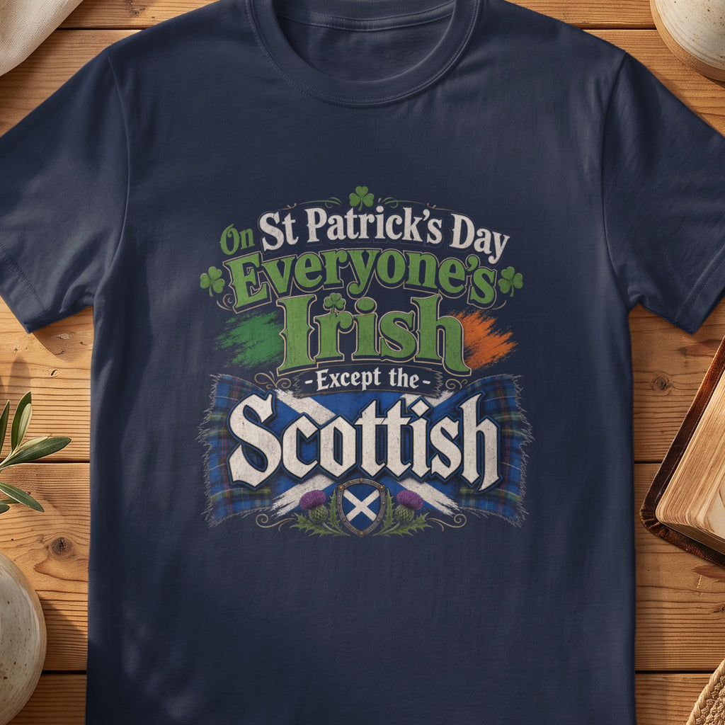 Navy Gildan 64000 unisex T-shirt flatlay with Everyone's Irish Except the Scottish Scottish graphic design