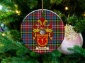 Bellenden Scottish clan ceramic ornament with family crest on a Caledonia tartan background, hanging on a Christmas tree