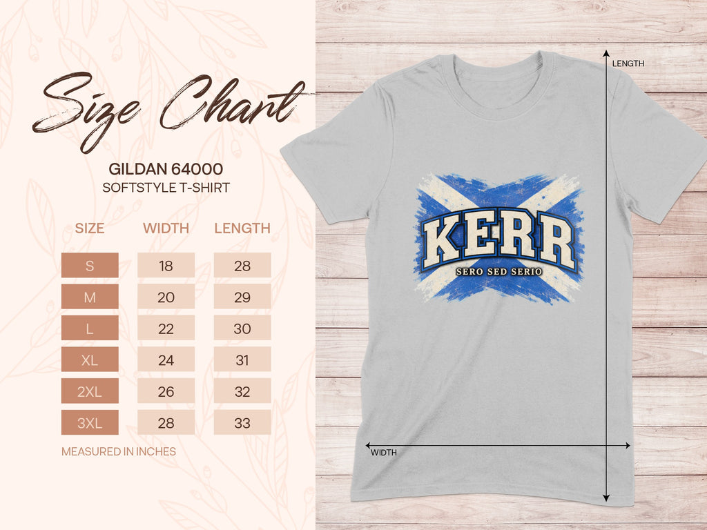 Gildan Softstyle 64000 size chart for the Kerr Saltire T-shirt, showing shirt width and length in inches.