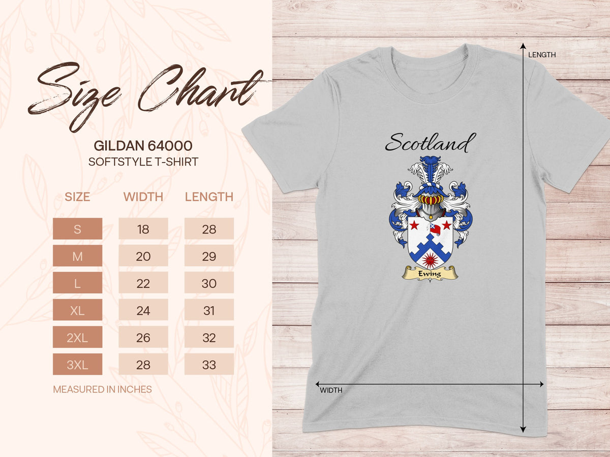 Gildan 64000 size chart for the Ewing unisex T-shirt, sizes S to 3XL