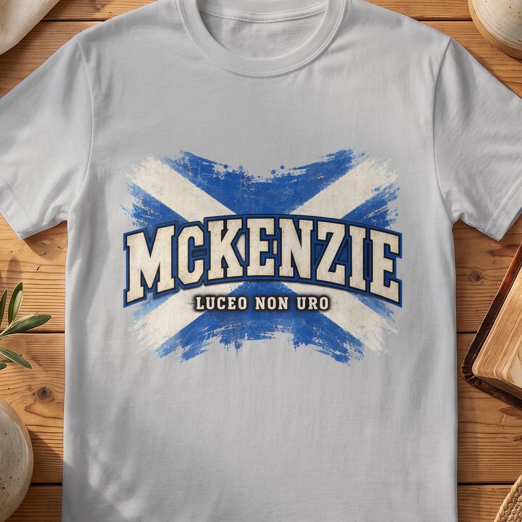 McKenzie Scottish Saltire T-shirt in Sport Grey, with distressed blue and cream flag and “Luceo Non Uro” lettering.