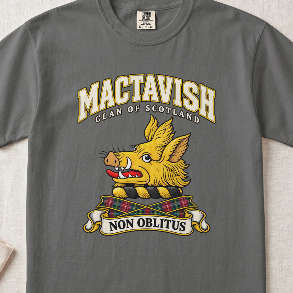 MacTavish Scottish clan T-shirt in Pepper, front view with a gold boar head and motto design.