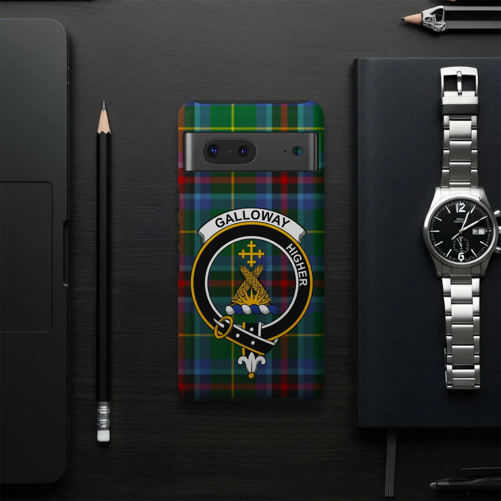 Clan Galloway heritage phone case — glossy finish showing full tartan crest design on Samsung Galaxy