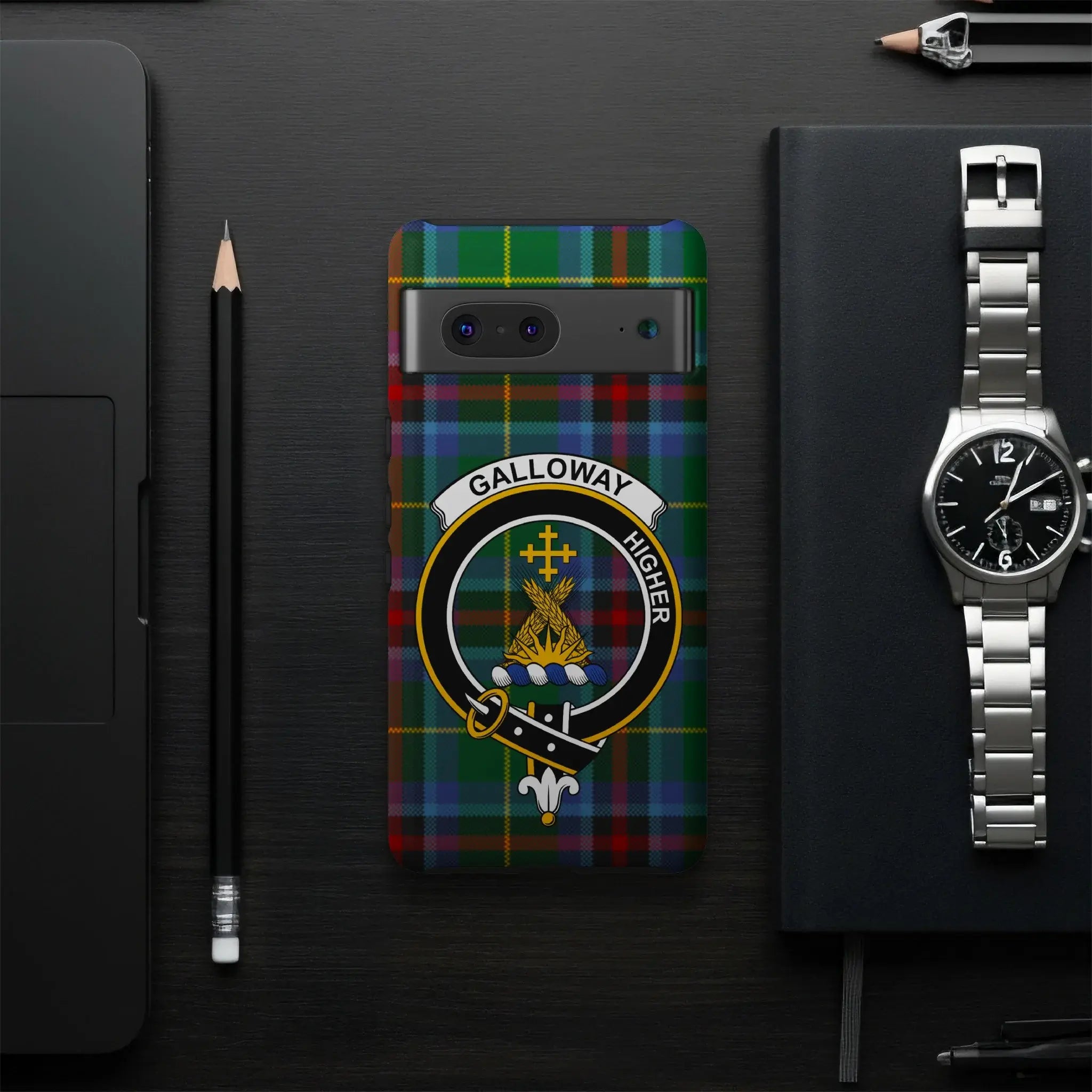 Clan Galloway heritage phone case — glossy finish showing full tartan crest design on Samsung Galaxy