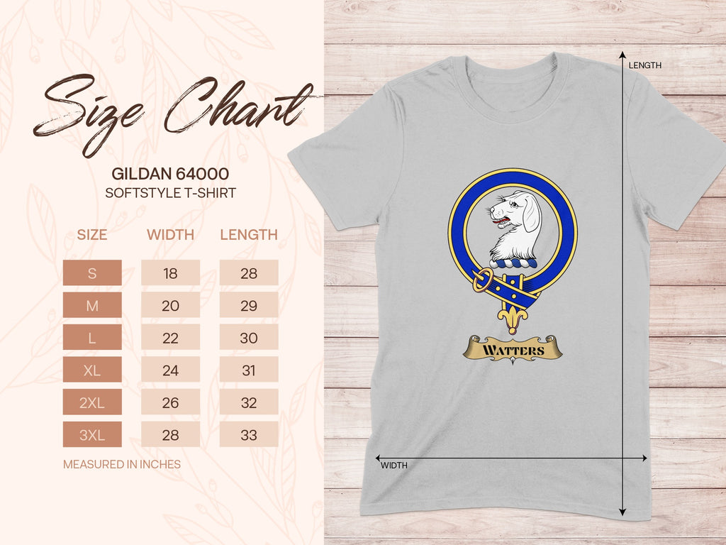 Gildan 64000 size chart for Watters Scottish clan crest T-shirt