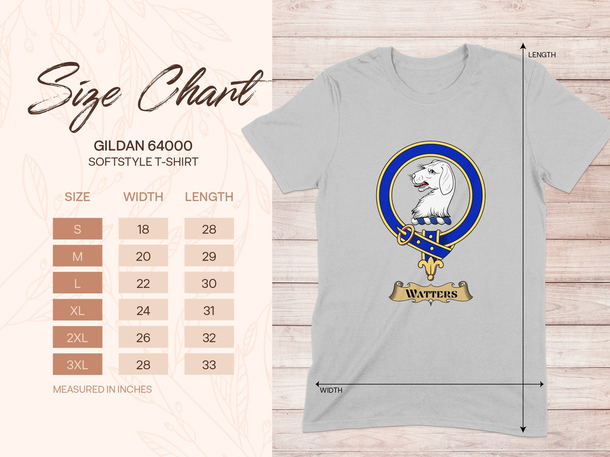 Gildan 64000 size chart for Watters Scottish clan crest T-shirt