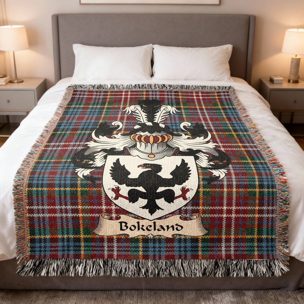 Bokeland family crest emblem on a Caledonia tartan woven blanket