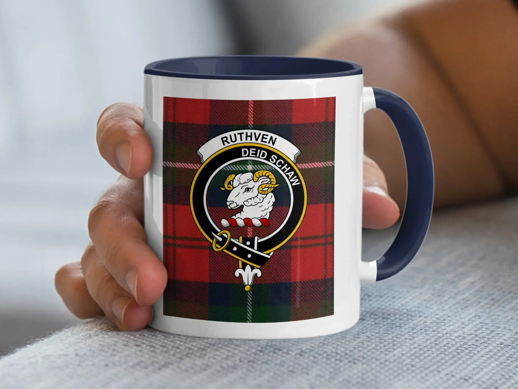 Clan Ruthven tartan accent mug — 11oz ceramic with red handle and ram crest design