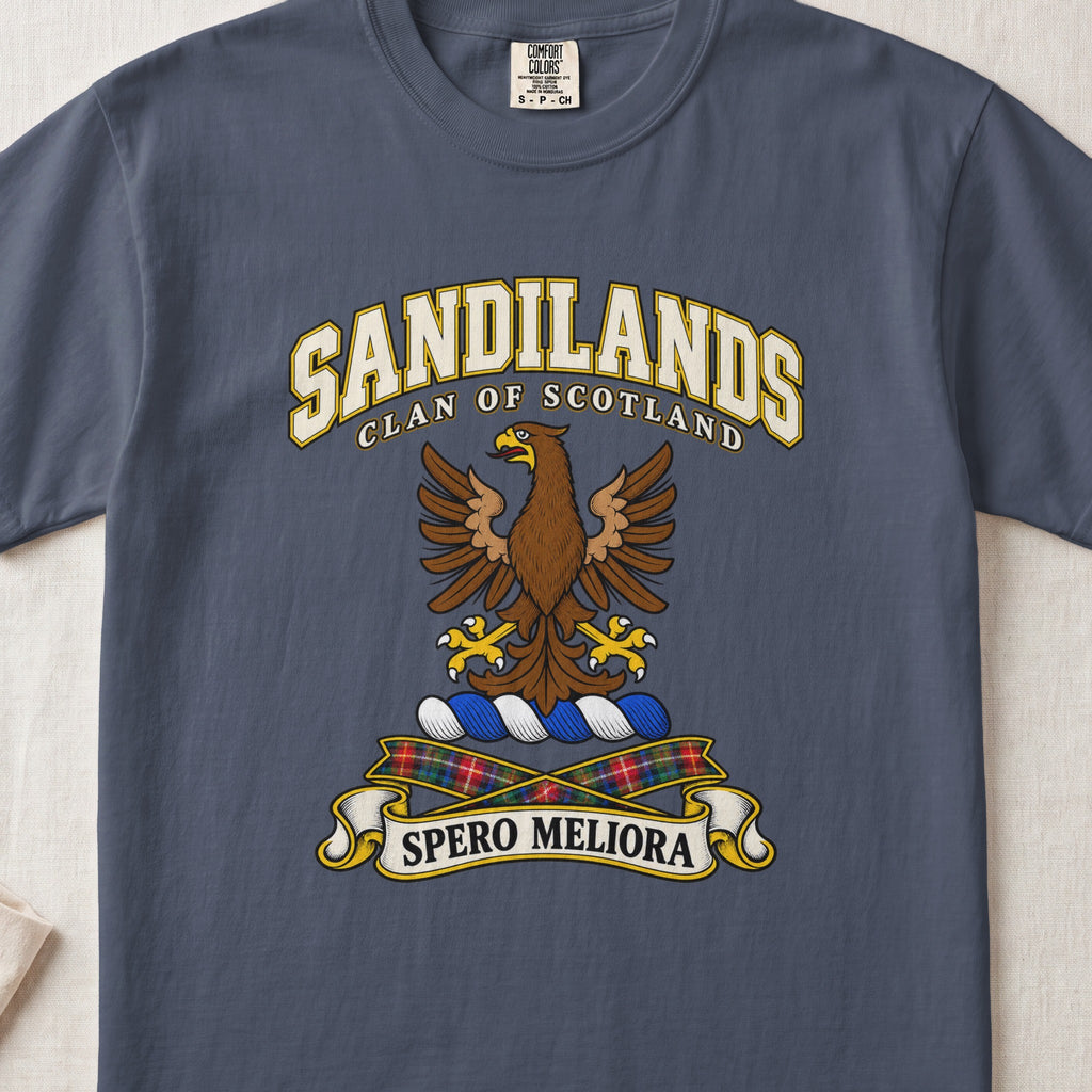 Sandilands Scottish clan T-shirt in Midnight, front view with a brown eagle with spread wings and motto design.