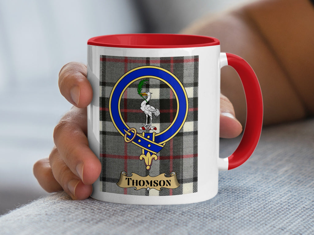 Thomson tartan crest mug with red handle and rim — 11oz ceramic