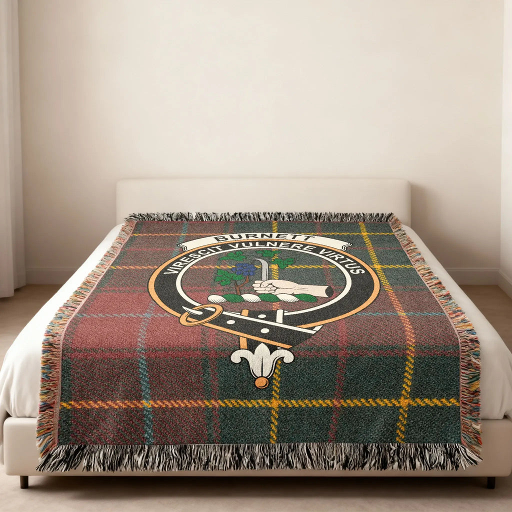 Burnett clan crest tartan woven blanket — heirloom quality cotton