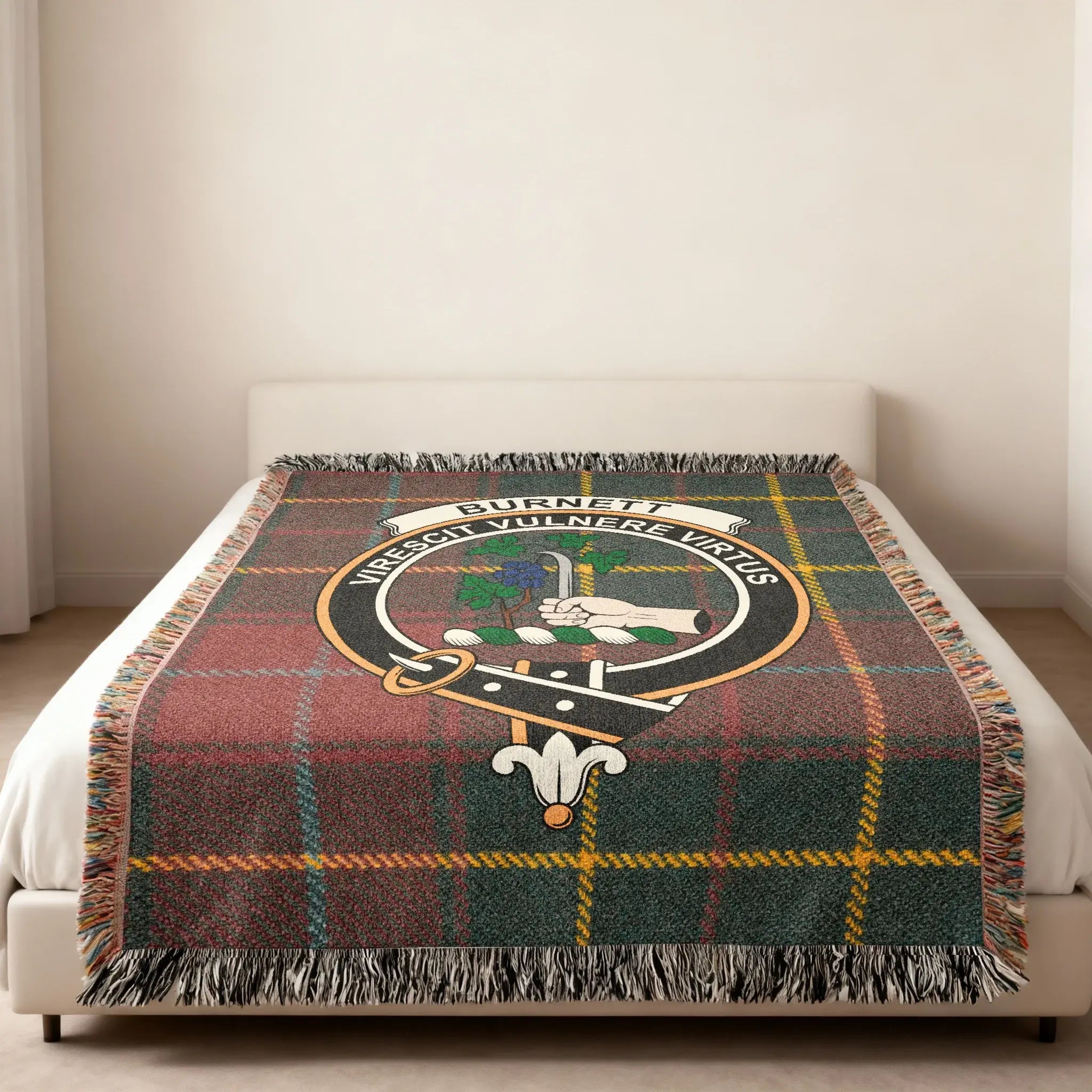 Burnett clan crest tartan woven blanket — heirloom quality cotton