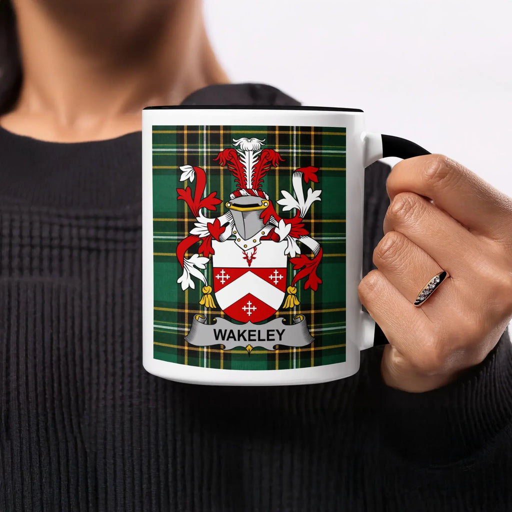 Wakeley surname coat of arms on a tartan mug.