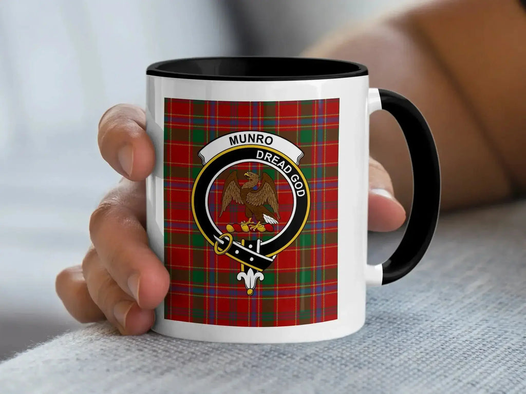 Top-down view of Munro clan crest mug showing interior accent colour — glossy ceramic