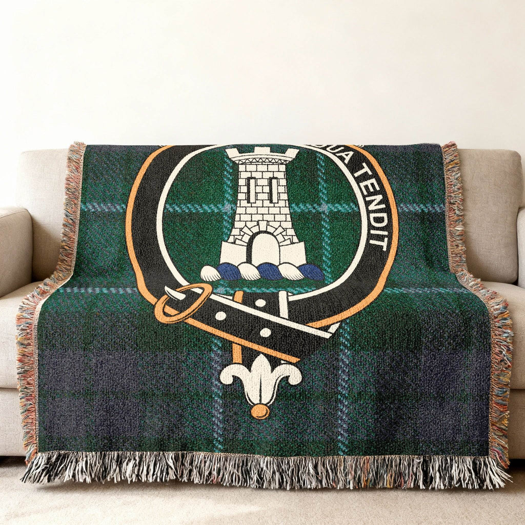 MacCallum Scottish tartan woven blanket — clan crest and tartan, lifestyle setting