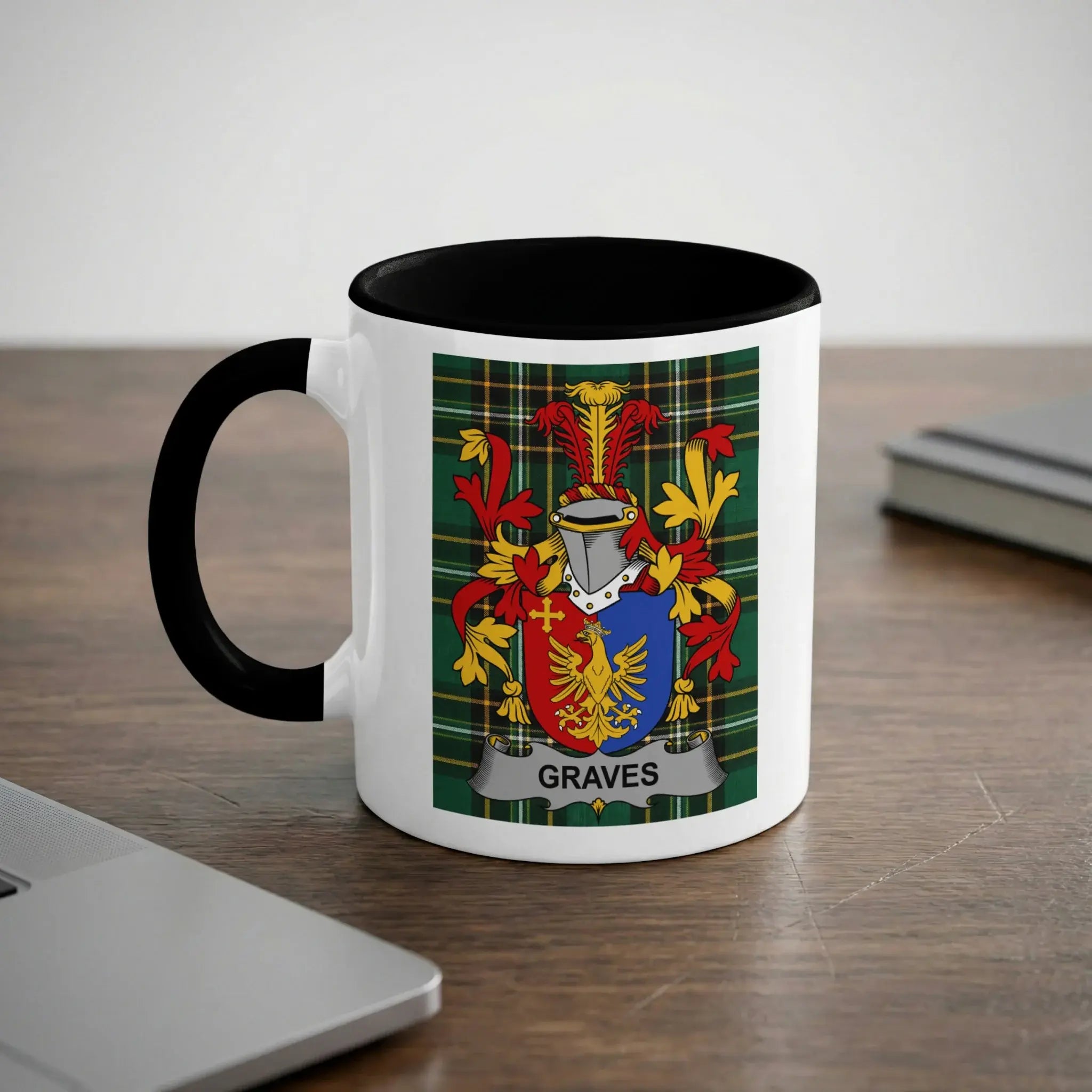 White mug with black rim featuring the Graves family crest and coat of arms.