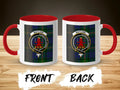 Maitland clan crest tartan mug — 11oz ceramic showing By Wisdom and Courage clan crest detail