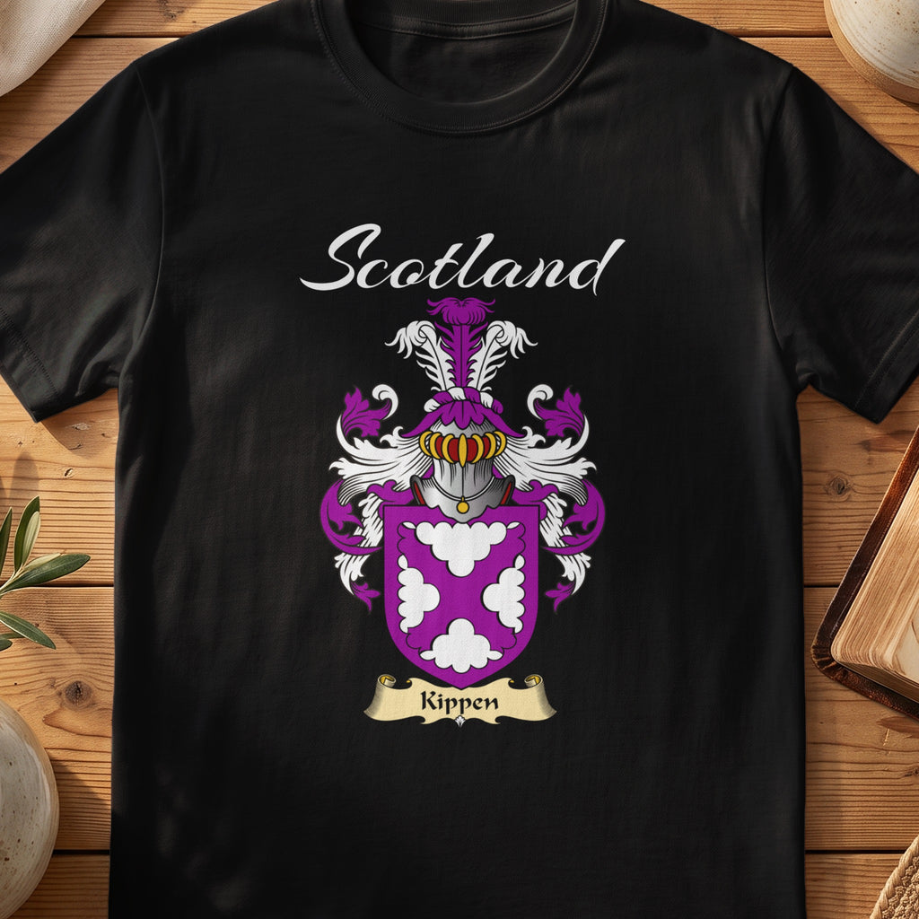 Black Kippen Scottish T-shirt featuring white decorative motifs on a purple shield