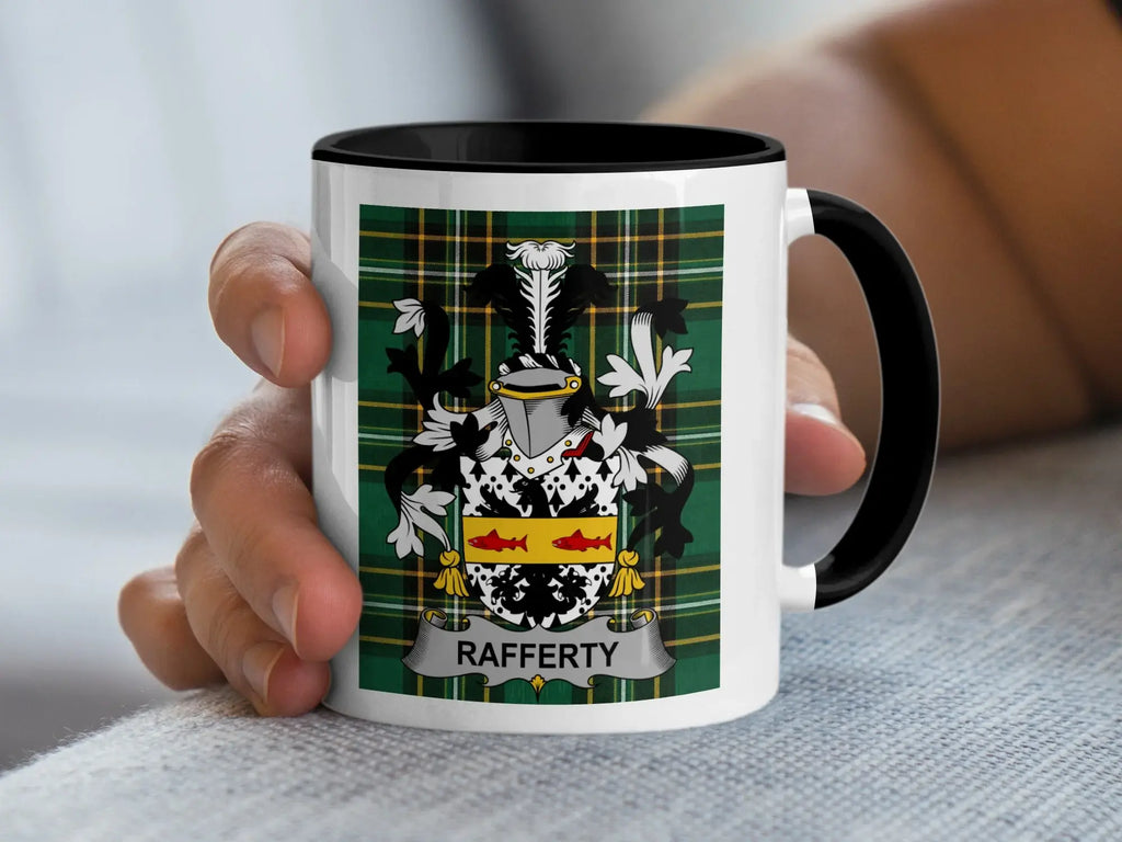 Rafferty Irish family crest black accent mug on Irish National Tartan